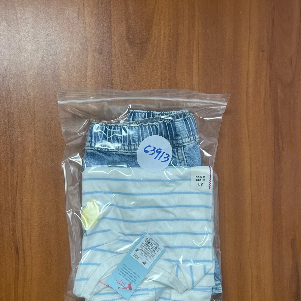 Cat & Jack Toddler 3T Outfit Set Striped Lemon T-Shirt and Denim Shorts NWT